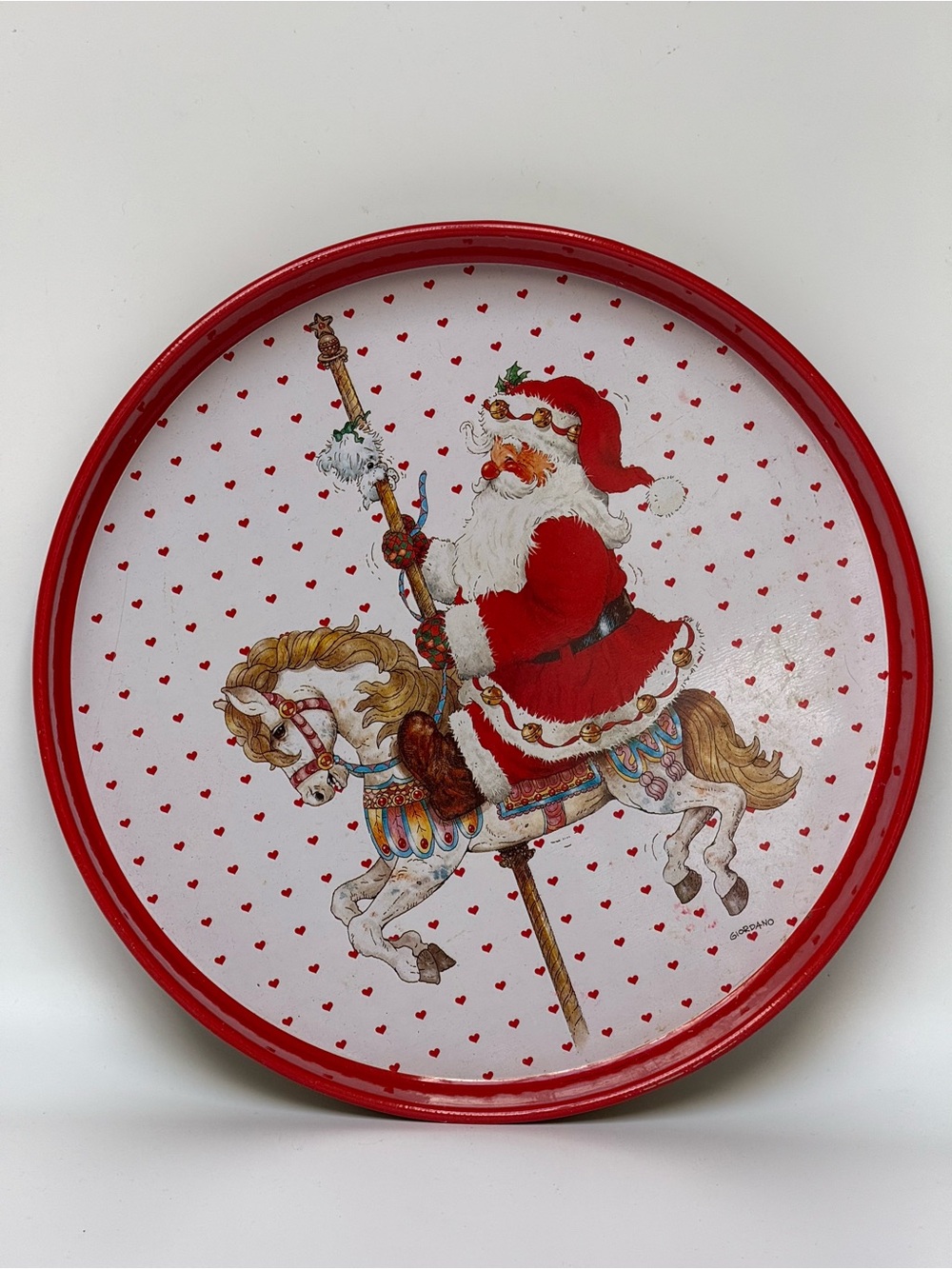 Giordano Vintage 1991 Santa Carousel Christmas Serving Tray Round Red Gold 11.5”
